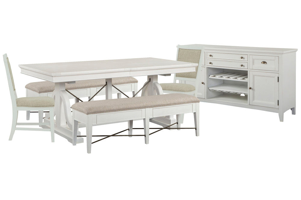 Magnussen - Heron Cove Chalk White And Dovetail Grey Extendable Trestle Dining Table With 2 Upholstered Benches 2 Upholstered Side Chairs And Buffet - D4400-25-KIT46 view 1