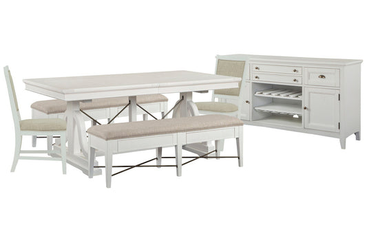 Magnussen - Heron Cove Chalk White And Dovetail Grey Extendable Trestle Dining Table With 2 Upholstered Benches 2 Upholstered Side Chairs And Buffet - D4400-25-KIT46 view 1