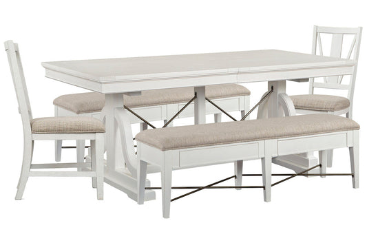 Magnussen - Heron Cove Chalk White And Dovetail Grey Extendable Trestle Dining Table With 2 Upholstered Benches And 2 Side Chairs - D4400-25-KIT43 view 1