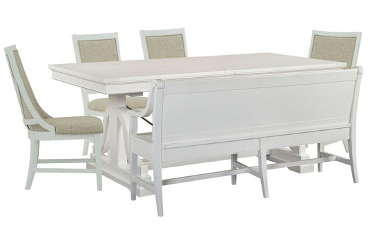 Magnussen - Heron Cove Chalk White And Dovetail Grey Extendable Trestle Dining Table With 2 Upholstered Side Chairs 2 Host Chairs And Bench - D4400-25-KIT37 view 1