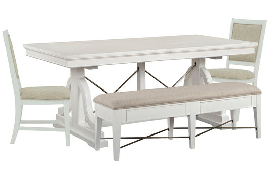 Magnussen - Heron Cove Chalk White And Dovetail Grey Extendable Trestle Dining Table With 2 Upholstered Side Chairs And Upholstered Bench - D4400-25-KIT21 view 1