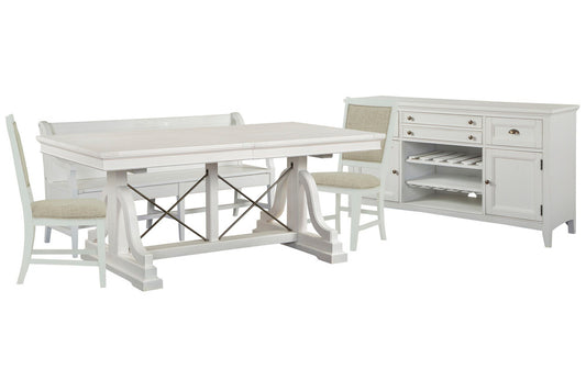 Magnussen - Heron Cove Chalk White And Dovetail Grey Extendable Trestle Dining Table With 2 Upholstered Side Chairs Bench And Buffet - D4400-25-KIT30 view 1