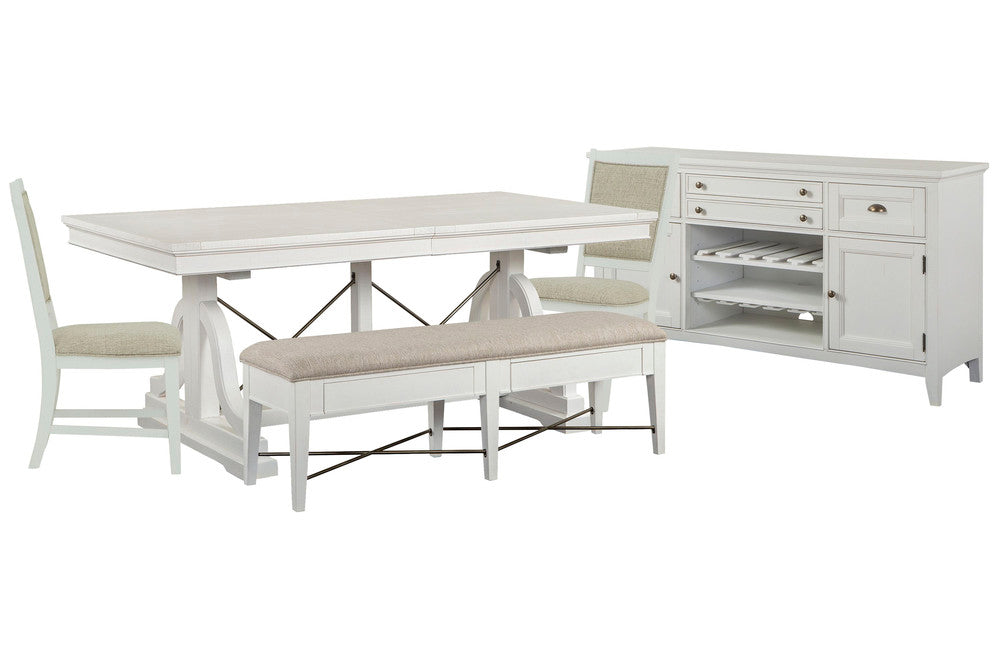 Magnussen - Heron Cove Chalk White And Dovetail Grey Extendable Trestle Dining Table With 2 Upholstered Side Chairs Upholstered Bench And Buffet - D4400-25-KIT22 view 1