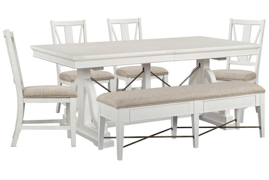 Magnussen - Heron Cove Chalk White And Dovetail Grey Extendable Trestle Dining Table With 4 Side Chairs And Upholstered Bench - D4400-25-KIT19 view 1