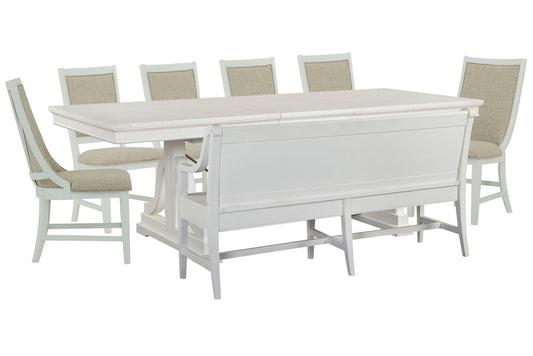 Magnussen - Heron Cove Chalk White And Dovetail Grey Extendable Trestle Dining Table With 4 Upholstered Side Chairs 2 Host Chairs And Bench - D4400-25-KIT39 view 1