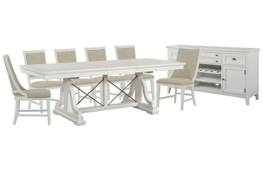 Magnussen - Heron Cove Chalk White And Dovetail Grey Extendable Trestle Dining Table With 4 Upholstered Side Chairs 2 Host Chairs And Buffet - D4400-25-KIT16 view 1