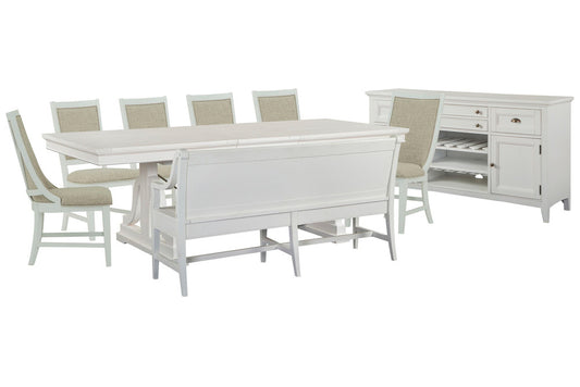Magnussen - Heron Cove Chalk White And Dovetail Grey Extendable Trestle Dining Table With 4 Upholstered Side Chairs 2 Host Chairs Bench And Buffet - D4400-25-KIT40 view 1
