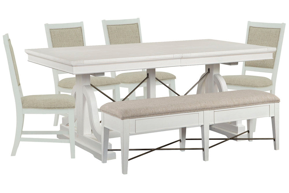 Magnussen - Heron Cove Chalk White And Dovetail Grey Extendable Trestle Dining Table With 4 Upholstered Side Chairs And Upholstered Bench - D4400-25-KIT23 view 1