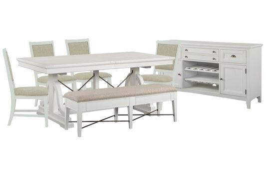 Magnussen - Heron Cove Chalk White And Dovetail Grey Extendable Trestle Dining Table With 4 Upholstered Side Chairs Upholstered Bench And Buffet - D4400-25-KIT24 view 1