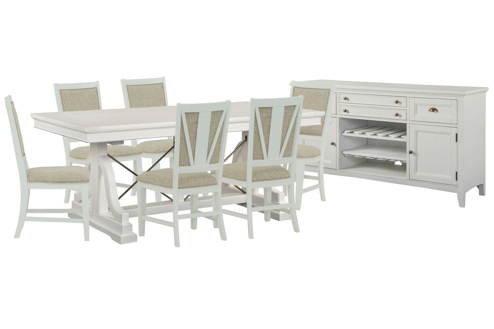 Magnussen - Heron Cove Chalk White And Dovetail Grey Extendable Trestle Dining Table With 6 Upholstered Side Chairs And Buffet - D4400-25-KIT8 view 1