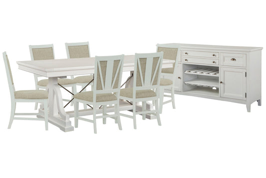 Magnussen - Heron Cove Chalk White And Dovetail Grey Extendable Trestle Dining Table With 6 Upholstered Side Chairs And Buffet - D4400-25-KIT8 view 1