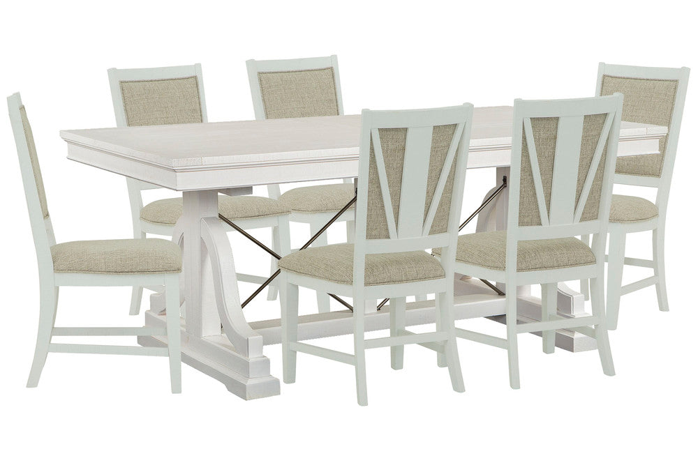 Magnussen - Heron Cove Chalk White And Dovetail Grey Extendable Trestle Dining Table With 6 Upholstered Side Chairs - D4400-25-KIT7 view 1