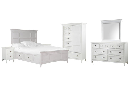 Magnussen - Heron Cove Chalk White And Dovetail Grey King Panel Storage Bed 2 Small Nightstands Drawer Dresser With Landscape Mirror And Door Chest - B4400-65-KIT11 view 1