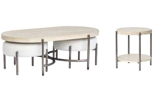 Magnussen - Jennings Edgecomb Grey And Weathered Antique Nickel Oval Cocktail Table And 2 Ottomans With Round End Table - T5927-47KIT4 view 1