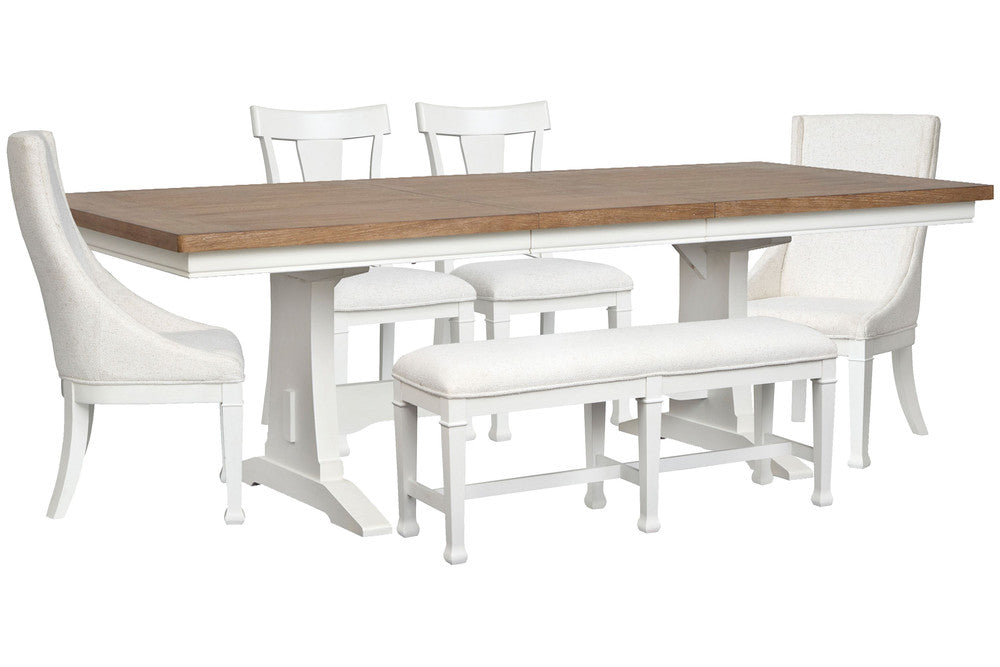 Magnussen - Kingston Whisper White And Cerused Nutmeg Extendable Trestle Dining Table With 2 Side Chairs 2 Host Chairs And Bench - D6407-21-KIT21 view 1