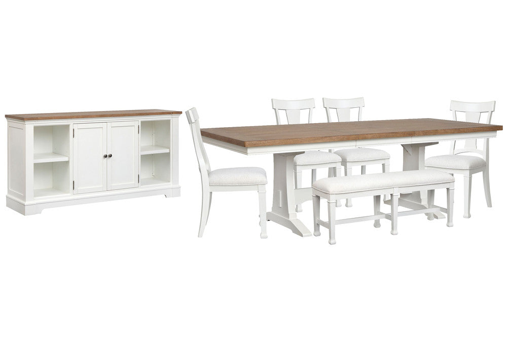 Magnussen - Kingston Whisper White And Cerused Nutmeg Extendable Trestle Dining Table With 4 Side Chairs Bench And Credenza - D6407-21-KIT18 view 1