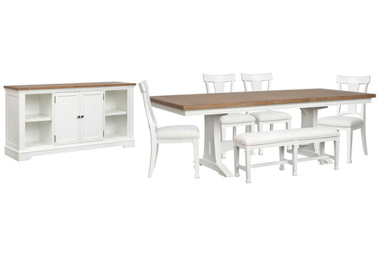 Magnussen - Kingston Whisper White And Cerused Nutmeg Extendable Trestle Dining Table With 4 Side Chairs Bench And Credenza - D6407-21-KIT18 view 1