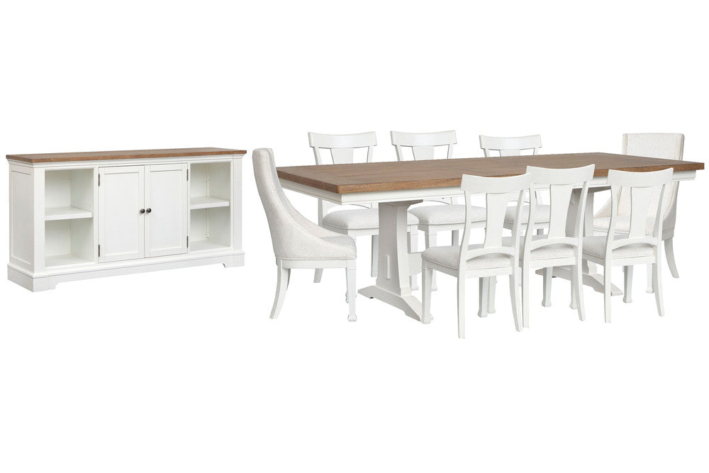 Magnussen - Kingston Whisper White And Cerused Nutmeg Extendable Trestle Dining Table With 6 Side Chairs 2 Host Chairs And Credenza - D6407-21-KIT14 view 1