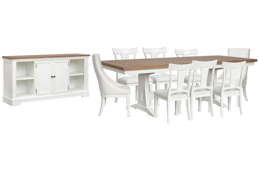 Magnussen - Kingston Whisper White And Cerused Nutmeg Extendable Trestle Dining Table With 6 Side Chairs 2 Host Chairs And Credenza - D6407-21-KIT14 view 1