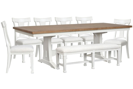 Magnussen - Kingston Whisper White And Cerused Nutmeg Extendable Trestle Dining Table With 6 Side Chairs And Bench - D6407-21-KIT19 view 1