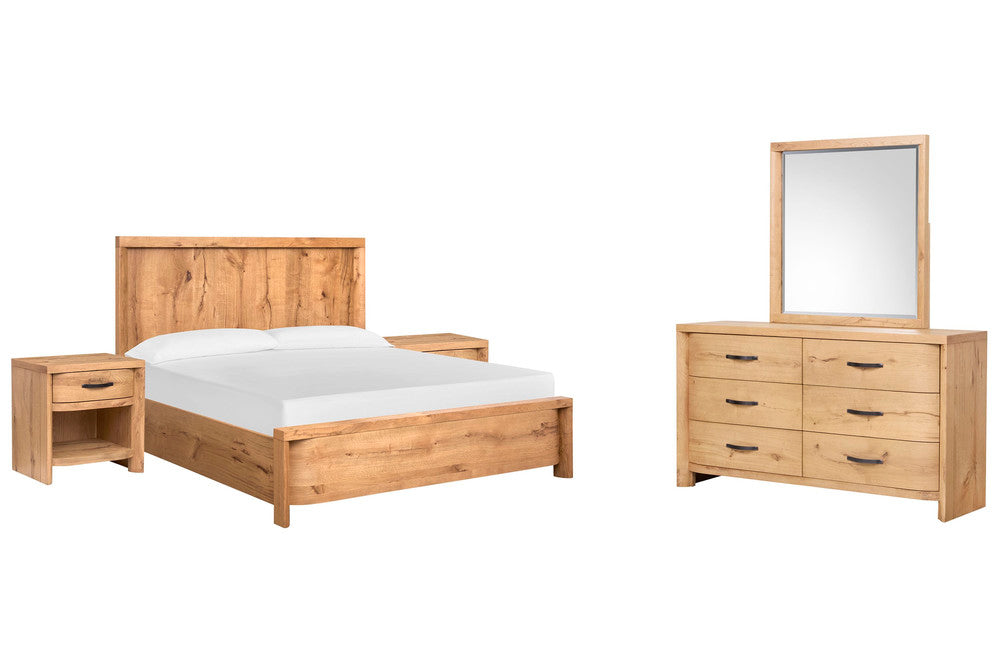 Magnussen - Laramie Honey Wheat King Panel Bed 2 Open Nightstands And Double Drawer Dresser With Landscape Mirror - B6433-64-KIT9 view 1