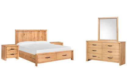 Magnussen - Laramie Honey Wheat Queen Panel Storage Bed 2 Nightstands And Double Drawer Dresser With Landscape Mirror - B6433-54A-KIT4 view 1