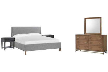 Magnussen - Lindon Belgian Wheat And Coffee Bean King Grey Upholstered Island Bed 2 Open Nightstands And Drawer Dresser With Landscape Mirror - B5570-60G-KIT8 view 1