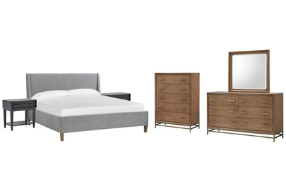 Magnussen - Lindon Belgian Wheat And Coffee Bean King Grey Upholstered Island Bed 2 Open Nightstands Drawer Dresser With Landscape Mirror And Drawer Chest - B5570-60G-KIT9 view 1