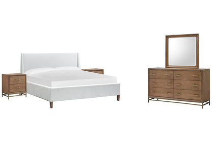Magnussen - Lindon Belgian Wheat And Coffee Bean King White Upholstered Island Bed 2 Nightstands And Drawer Dresser With Landscape Mirror - B5570-60W-KIT4 view 1