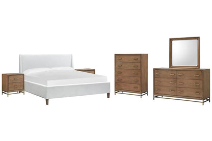 Magnussen - Lindon Belgian Wheat And Coffee Bean King White Upholstered Island Bed 2 Nightstands Drawer Dresser With Landscape Mirror And Drawer Chest - B5570-60W-KIT5 view 1