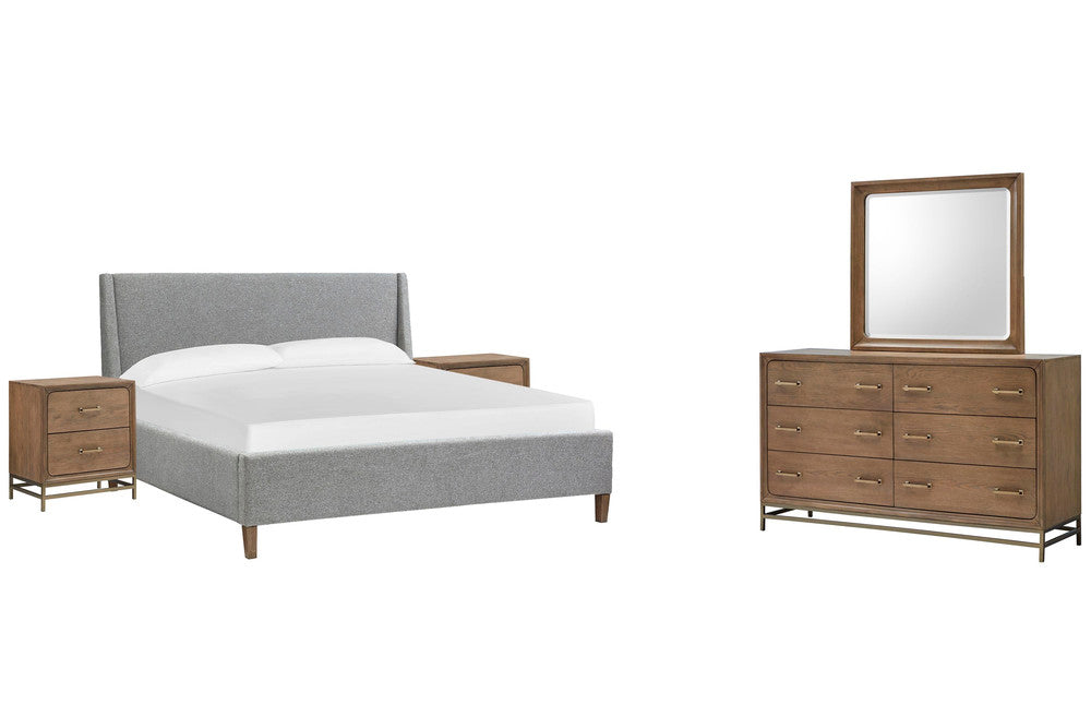 Magnussen - Lindon Belgian Wheat And Coffee Bean Queen Grey Upholstered Island Bed 2 Nightstands And Drawer Dresser With Landscape Mirror - B5570-50G-KIT4 view 1