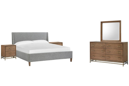 Magnussen - Lindon Belgian Wheat And Coffee Bean Queen Grey Upholstered Island Bed 2 Nightstands And Drawer Dresser With Landscape Mirror - B5570-50G-KIT4 view 1