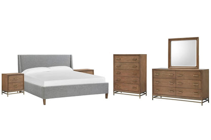Magnussen - Lindon Belgian Wheat And Coffee Bean Queen Grey Upholstered Island Bed 2 Nightstands Drawer Dresser With Landscape Mirror And Drawer Chest - B5570-50G-KIT5 view 1
