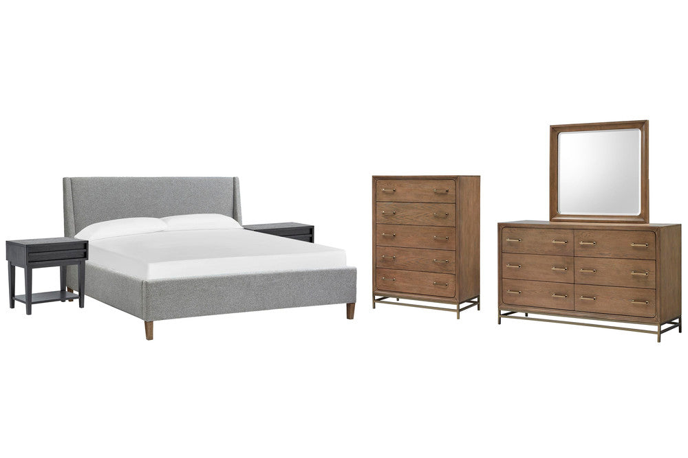 Magnussen - Lindon Belgian Wheat And Coffee Bean Queen Grey Upholstered Island Bed 2 Open Nightstands Drawer Dresser With Landscape Mirror And Drawer Chest - B5570-50G-KIT9 view 1