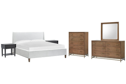 Magnussen - Lindon Belgian Wheat And Coffee Bean Queen White Upholstered Island Bed 2 Open Nightstands Drawer Dresser With Landscape Mirror And Drawer Chest - B5570-50W-KIT9 view 1