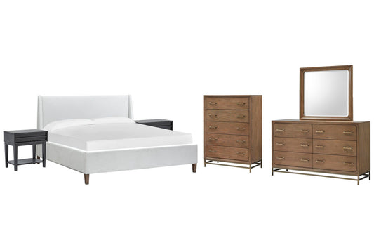 Magnussen - Lindon Belgian Wheat And Coffee Bean Queen White Upholstered Island Bed 2 Open Nightstands Drawer Dresser With Landscape Mirror And Drawer Chest - B5570-50W-KIT9 view 1