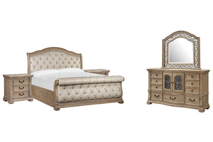 Magnussen - Marisol Fawn King Upholstered Sleigh Bed 2 Nightstands And Drawer Dresser With Landscape Mirror - B5132-62-KIT4 view 1