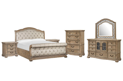 Magnussen - Marisol Fawn King Upholstered Sleigh Bed 2 Nightstands Drawer Dresser With Landscape Mirror And Drawer Chest - B5132-62-KIT5 view 1