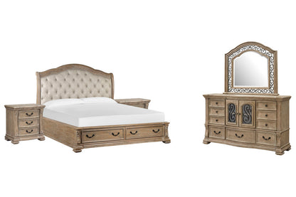 Magnussen - Marisol Fawn King Upholstered Sleigh Storage Bed 2 Nightstands And Drawer Dresser With Landscape Mirror - B5132-62A-KIT4 view 1