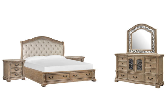 Magnussen - Marisol Fawn King Upholstered Sleigh Storage Bed 2 Nightstands And Drawer Dresser With Landscape Mirror - B5132-62A-KIT4 view 1