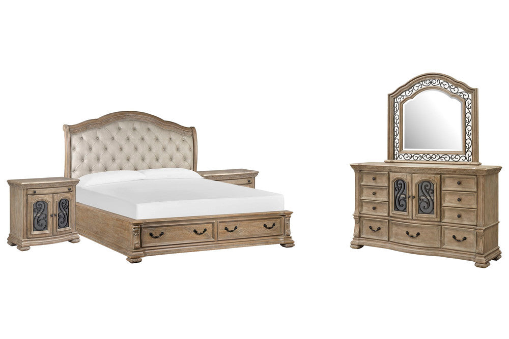 Magnussen - Marisol Fawn Queen Upholstered Sleigh Storage Bed 2 Bachelor Chests And Drawer Dresser With Landscape Mirror - B5132-52A-KIT8 view 1