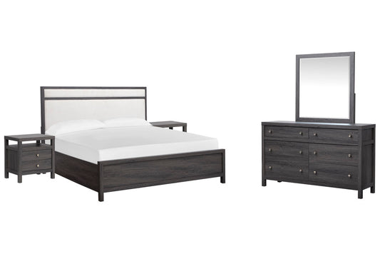 Magnussen - Merrifield Raisin Black King Upholstered Panel Bed 2 Nightstands And Drawer Dresser With Landscape Mirror - B6308-65-KIT4 view 1