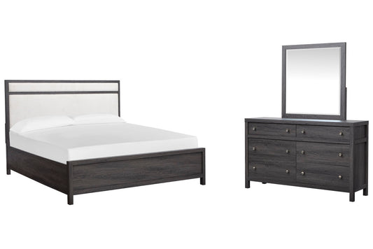 Magnussen - Merrifield Raisin Black King Upholstered Panel Bed And Drawer Dresser With Landscape Mirror - B6308-65-KIT3 view 1