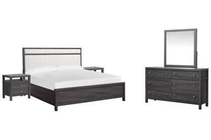 Magnussen - Merrifield Raisin Black Queen Upholstered Panel Bed 2 Nightstands And Drawer Dresser With Landscape Mirror - B6308-55-KIT4 view 1