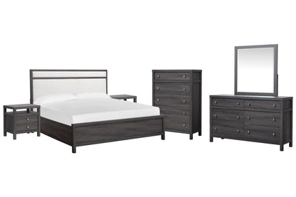 Magnussen - Merrifield Raisin Black Queen Upholstered Panel Bed 2 Nightstands Drawer Dresser With Landscape Mirror And Drawer Chest - B6308-55-KIT5 view 1