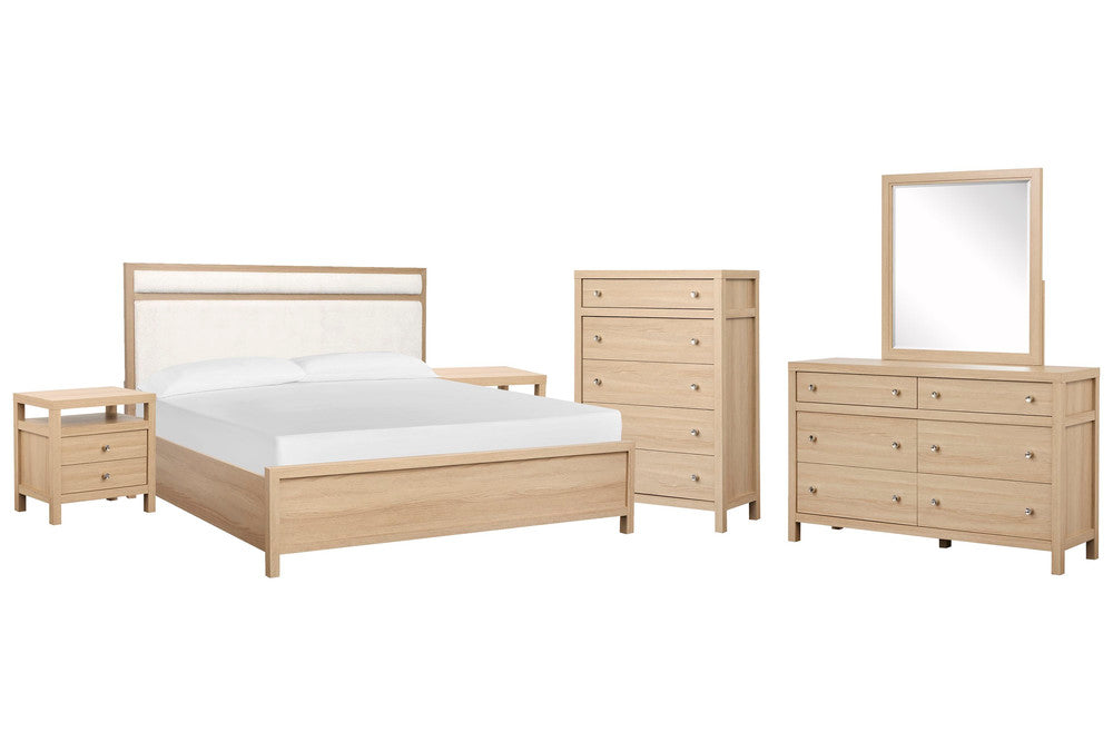 Magnussen - Merrifield Sandstone Beige King Upholstered Panel Bed 2 Nightstands Drawer Dresser With Portrait Mirror And Drawer Chest - B5906-65-KIT5 view 1