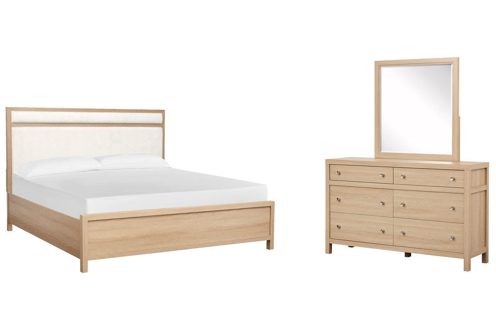 Magnussen - Merrifield Sandstone Beige Queen Upholstered Panel Bed And Drawer Dresser With Portrait Mirror - B5906-55-KIT3 view 1