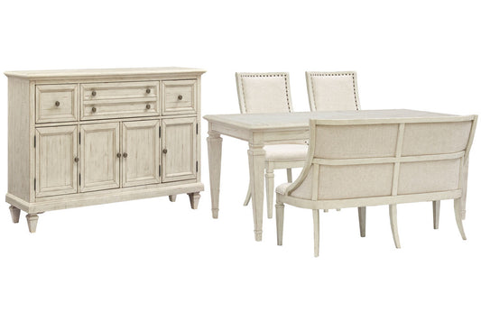 Magnussen - Newport Alabaster Extendable Rectangular Dining Table With 2 Arm Chairs Upholstered Bench And Buffet - D5430-20-KIT43 view 1