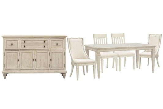 Magnussen - Newport Alabaster Extendable Rectangular Dining Table With 2 Side Chairs 2 Arm Chairs And Buffet - D5430-20-KIT23 view 1