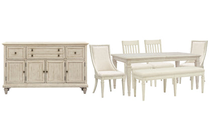 Magnussen - Newport Alabaster Extendable Rectangular Dining Table With 2 Side Chairs 2 Arm Chairs Bench And Buffet - D5430-20-KIT53 view 1